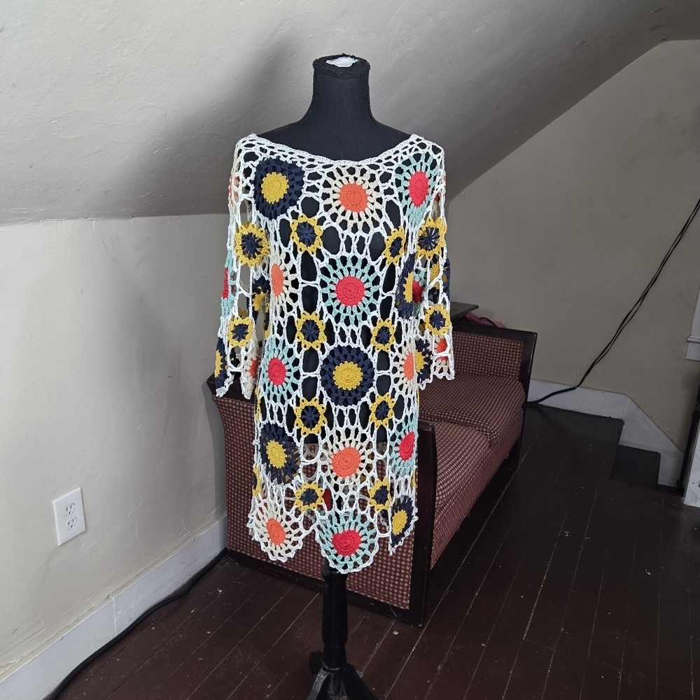 Apricot Crochet Granny Square Dress Tunic Multicolor Long Sleeve Size M
